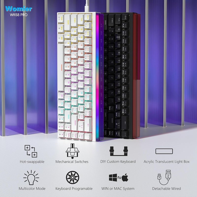 Womier 60% Percent Keyboard with Light Box, Wired Keyboard Gaming Mechanical with MCA Keycaps, OEM Profile, Programable, 64 Keys Hot Swap RGB Cream Key Board for PC Computer Win/MAC (WK68 PRO-White) - Image 2